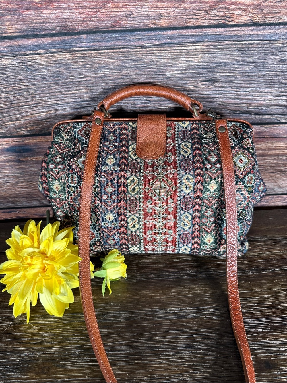 Express Exp Vintage 80’s Multicolor Tapestry Satchel with Brown Leather Trim